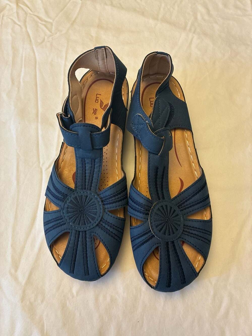 Luo Ge Women's Vintage Blue Closed Toe Wedges Sandals with Hook and Loop Strap